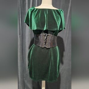 Forever 21 Green Velvet Pencil Dress (Black Corset Belt) Not Inclueded